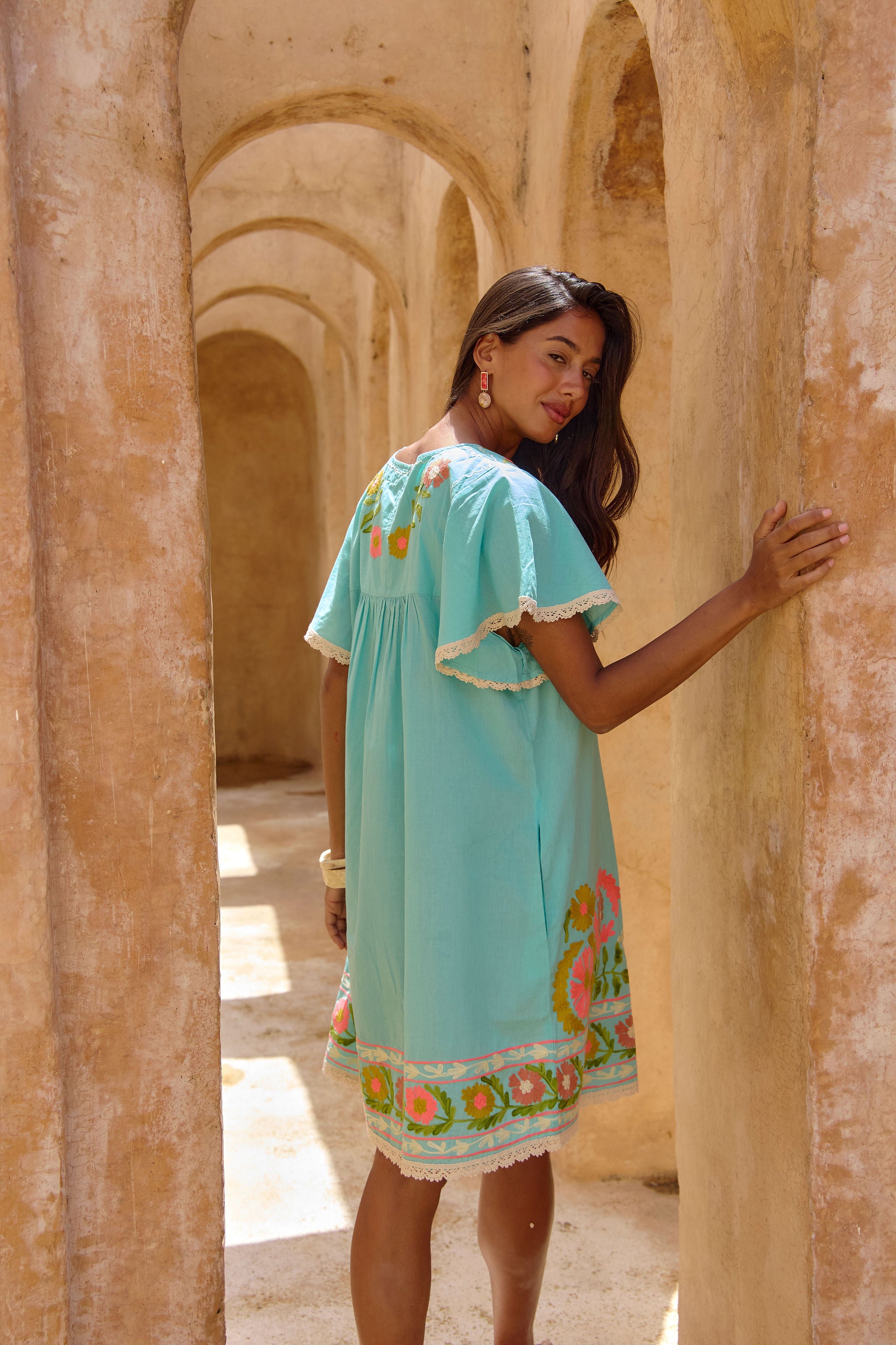 【ao 】AMERI EMBROIDERY DRESS Emma Dress Suzani Aari Embroidery Aqua – Naudic